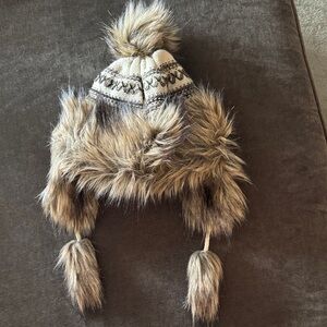Faux Fur Trapper Hat with Pom Poms